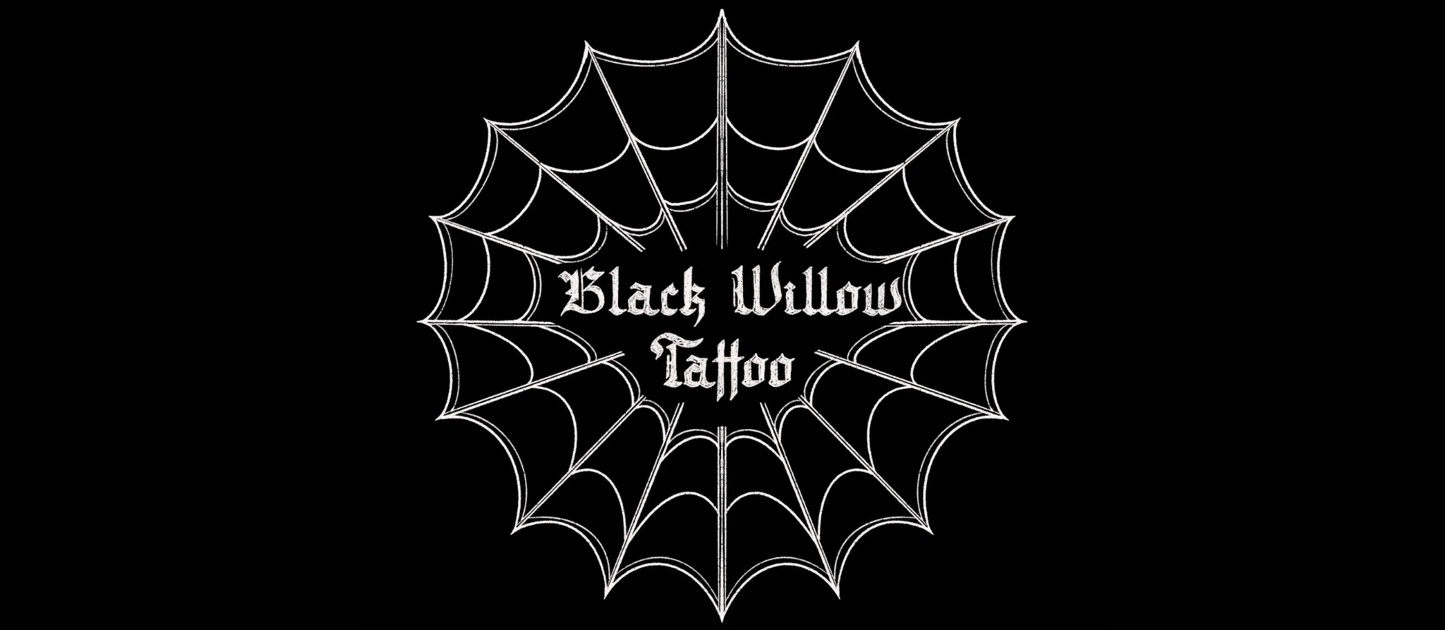 Black Willow Tattoo Logo, a spider web with the words Black Willow Tattoo in the middle.