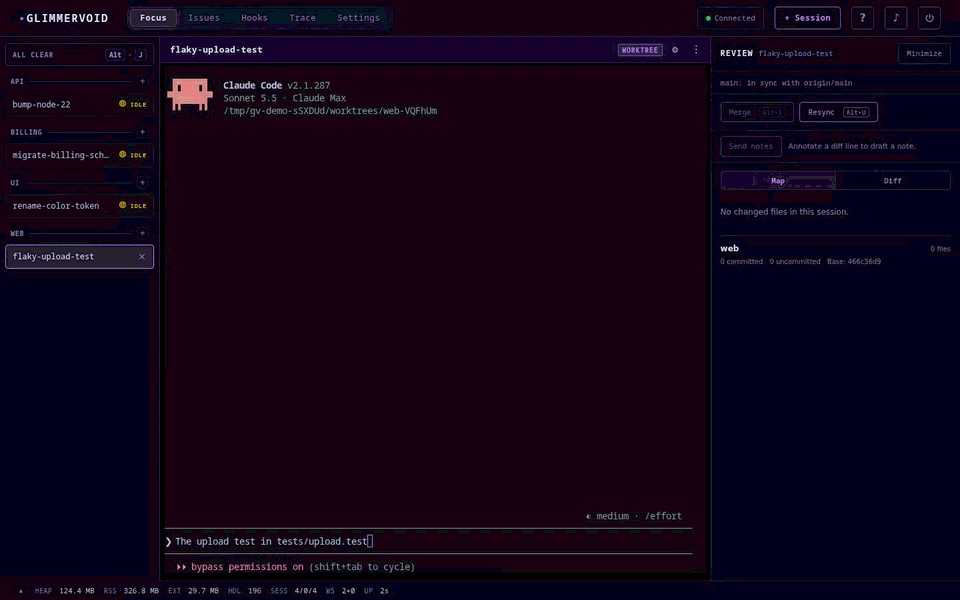 The Glimmervoid dashboard: a session rail on the left reports the live status of each parallel Claude Code session while the focused session fixes a race and the review panel lists its commit
